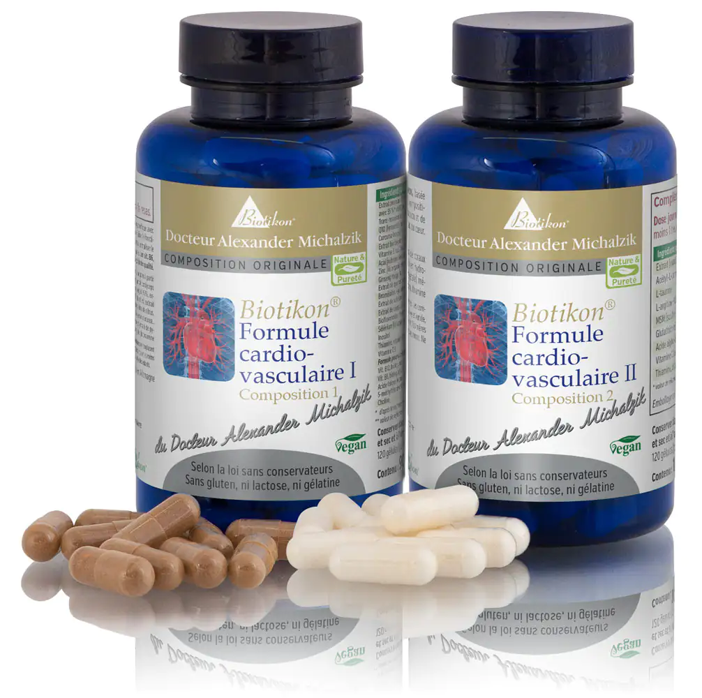 Biotikon Formule cardiovasculaire I & II - Capsules Deux bouteilles bleues de Biotikon Formule cardiovasculaire I et II, à côté de capsules beige et blanches.