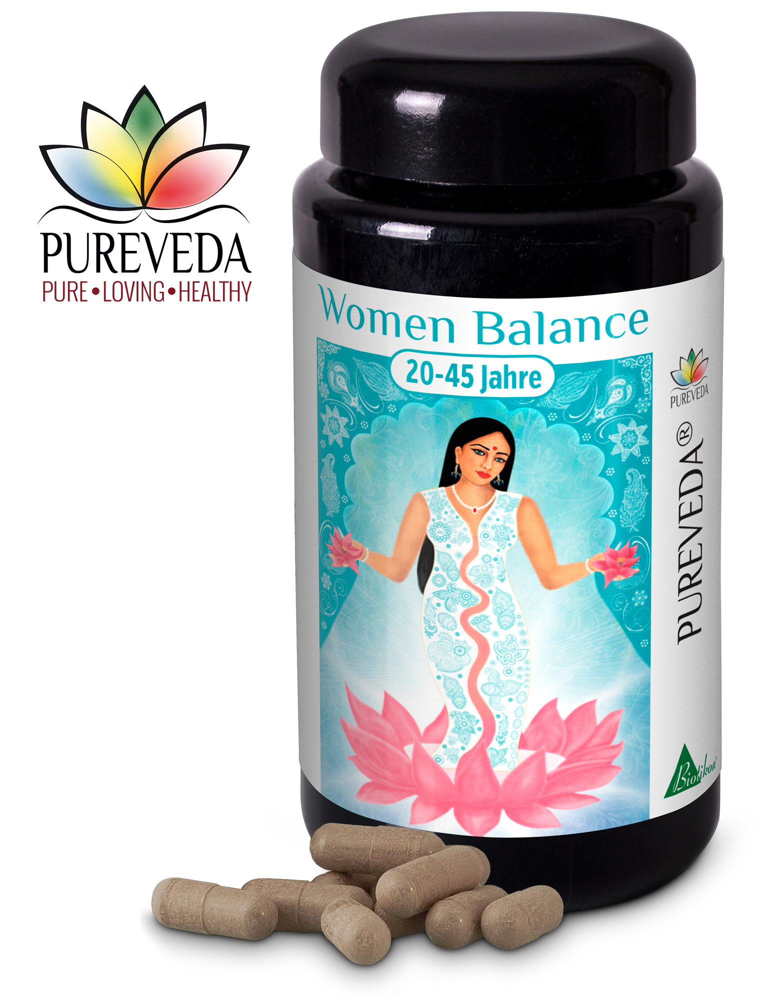 Capsules Équilibre Femme 20-45 Ans Capsules pour femmes de 20 à 45 ans dans une bouteille noire, avec quelques capsules à côté.