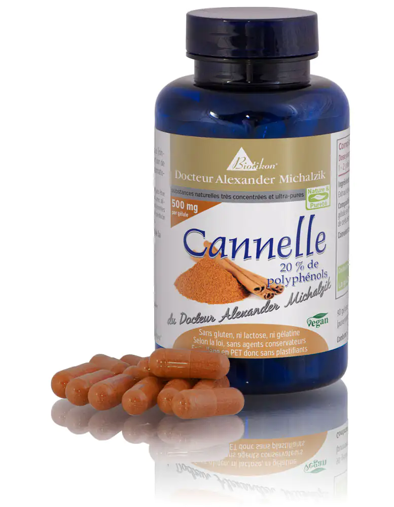 Cannelle 500 mg – Capsules Bouteille de capsules de cannelle, 90 pièces, capsules brunes, debout sur un fond blanc.