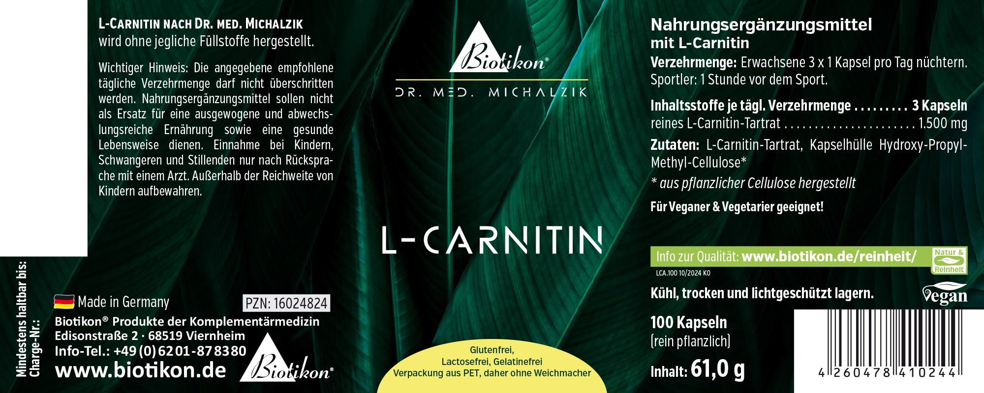 L-Carnitine 1500 mg – 100 Capsules Complément alimentaire L-Carnitine, 100 capsules dans un flacon en PET, emballage vert, vue de face.