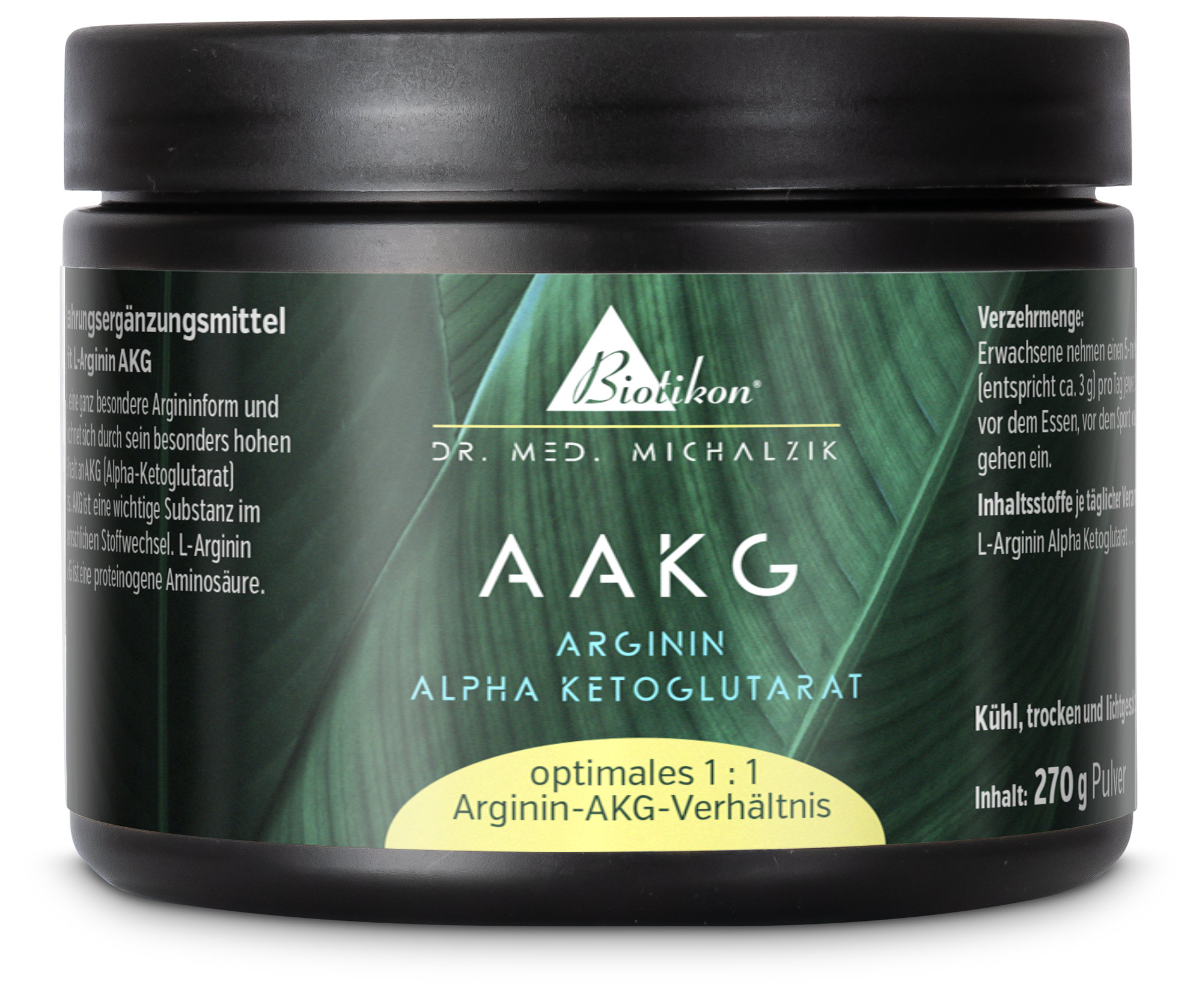 AAKG Arginine Alpha Cétoglutarate – 270 g de poudre Poudre pour AAKG avec un contenu de 270 g dans une boîte noire, facilement amovible, couleur d'accent verte.