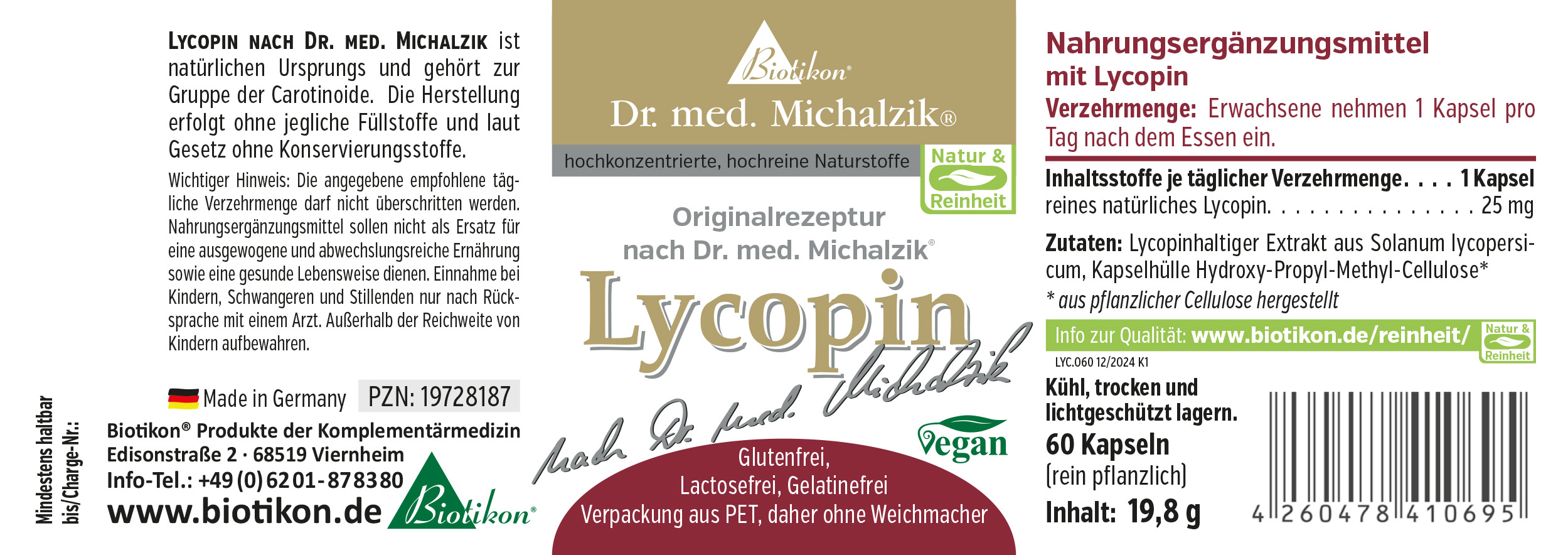 Lycopène 25 mg – 60 Capsules Complément alimentaire de lycopène, 60 capsules en emballage PET, végan, d'origine naturelle.
