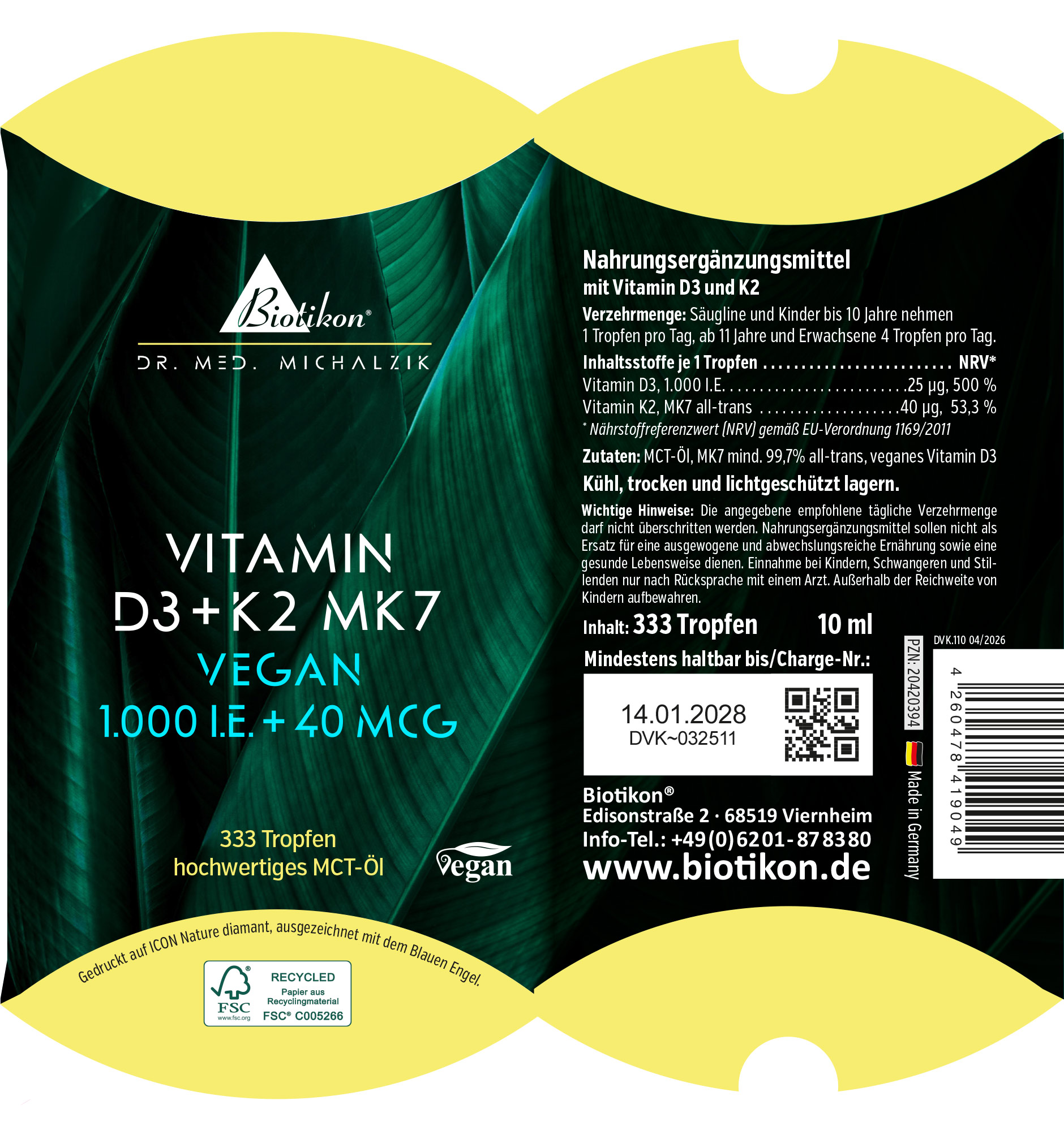 Complément alimentaire avec vitamines D3 et K2, 333 gouttes, 10 ml, emballage vert, végan, vue de face.