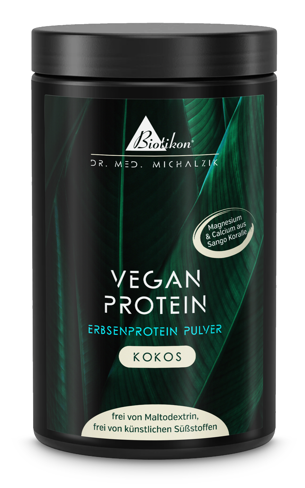 Contenant blanc de poudre de protéine végétale coco, 500 g, vue dégagée, emballage neutre.