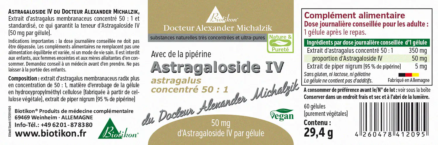 Étiquette d'Astraloside IV Astraloside IV, 60 comprimés à mâcher, extrait d'Astragale concentré 50:1, emballage vert et blanc.
