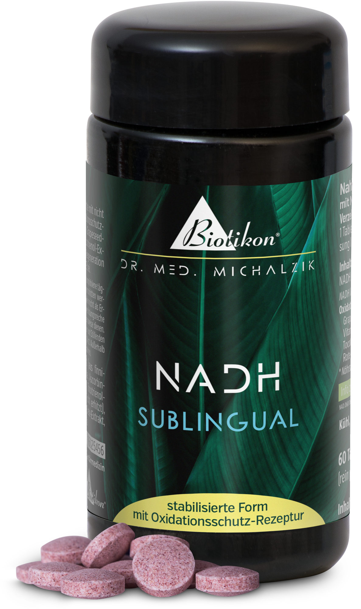 NADH Sublingual – 60 Comprimés Comprimés sublinguaux NADH dans une bouteille noire, contient 60 comprimés roses, végan et sans gluten, sur un fond blanc.
