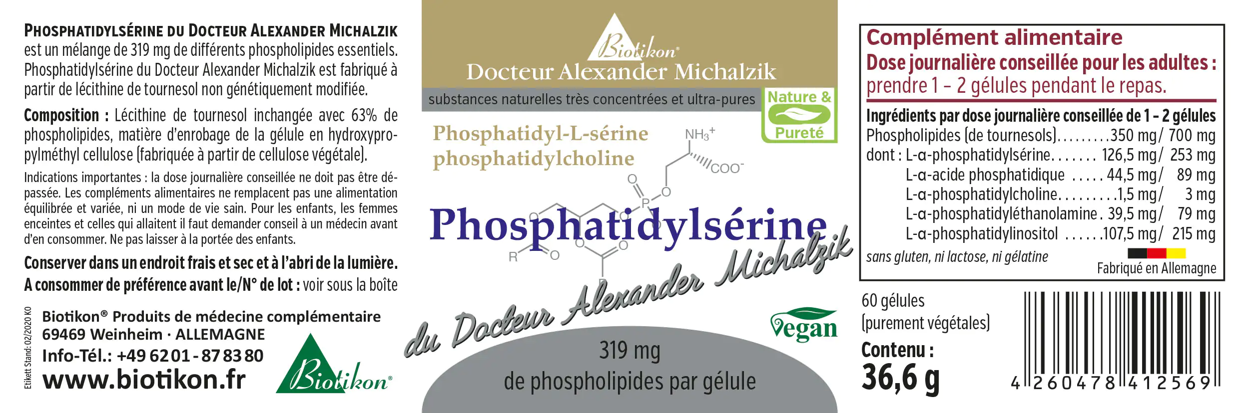 Phosphatidylsérine 319 mg – 60 Capsules Capsules de phosphatidylsérine dans l'emballage, 60 pièces, formule végétalienne, avec capsule jaune transparente.