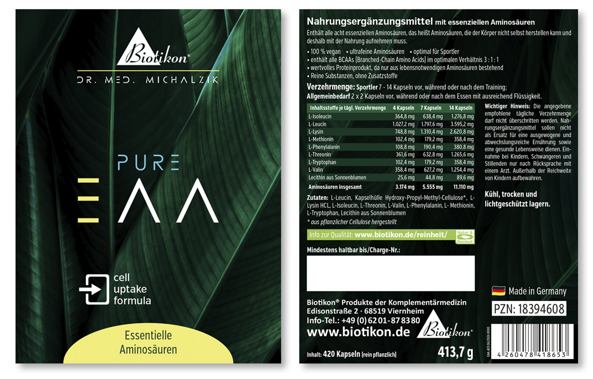 Paquet d'acides aminés essentiels en capsules, 420 pièces, emballage vert, avant et arrière visibles.