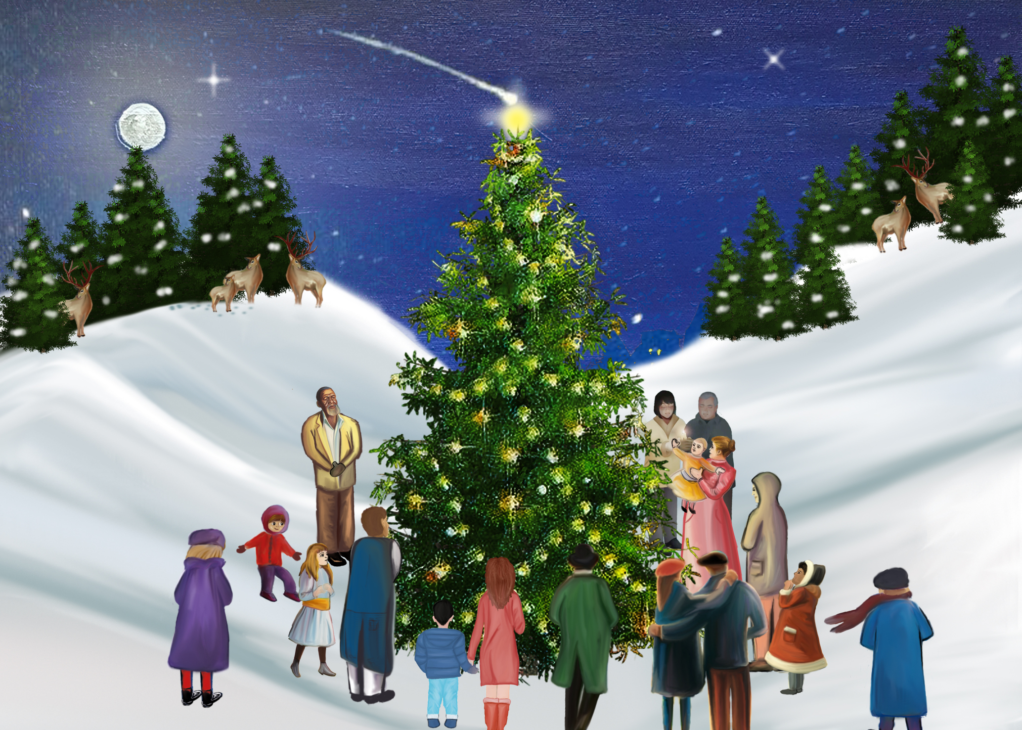 Décoration de Sapin de Noël - Célébration Familiale Sapin de Noël décoré de façon festive dans un paysage enneigé, entouré de personnes, d'animaux et de sapins.