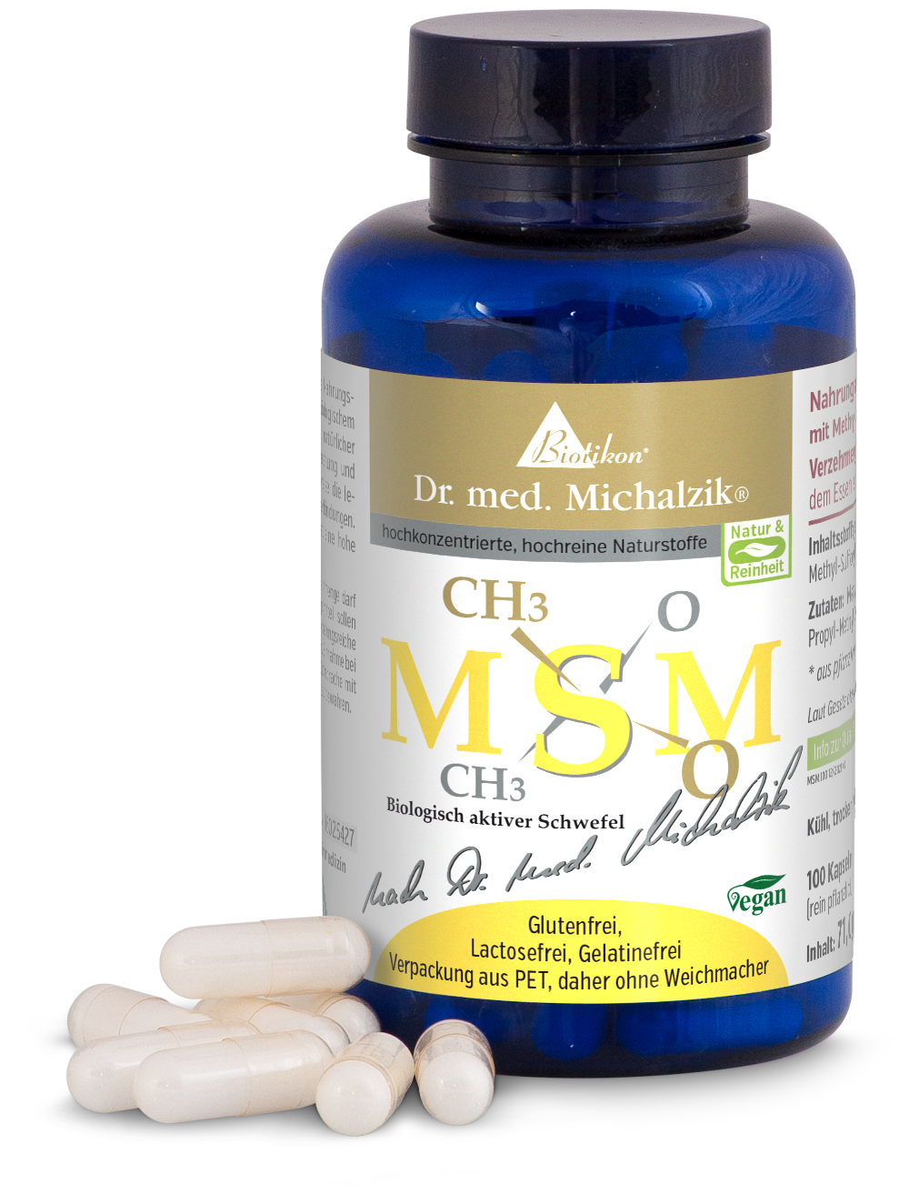 MSM 100 Capsules – Soufre Biologique Actif Bouteille bleu foncé contenant 100 capsules, végétalien, sans gluten, emballage attrayant, sur fond clair.