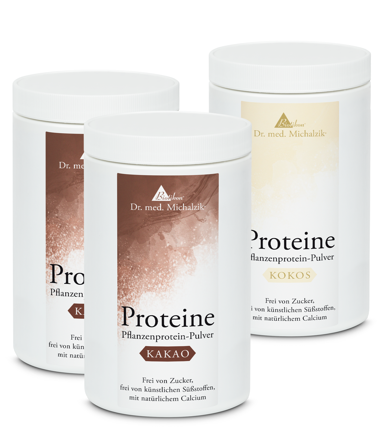 Poudre de Protéine Végétale 300 g – Cacao et Noix de Coco Trois boîtes de poudre de protéine végétale en saveurs cacao et noix de coco, 300 g chacune, dans un emballage blanc.