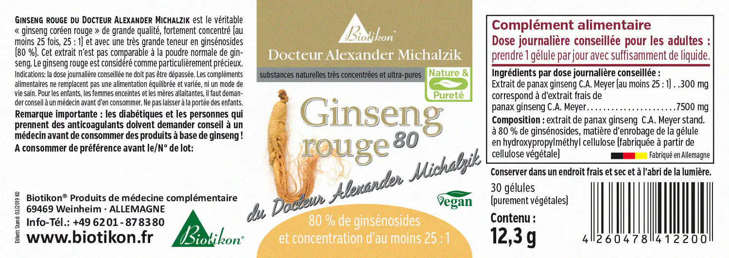 Ginseng Rouge 80 – Capsules Capsules de Ginseng Rouge 80, 30 pièces, emballage blanc et doré, à base d'ingrédients végétaliens.