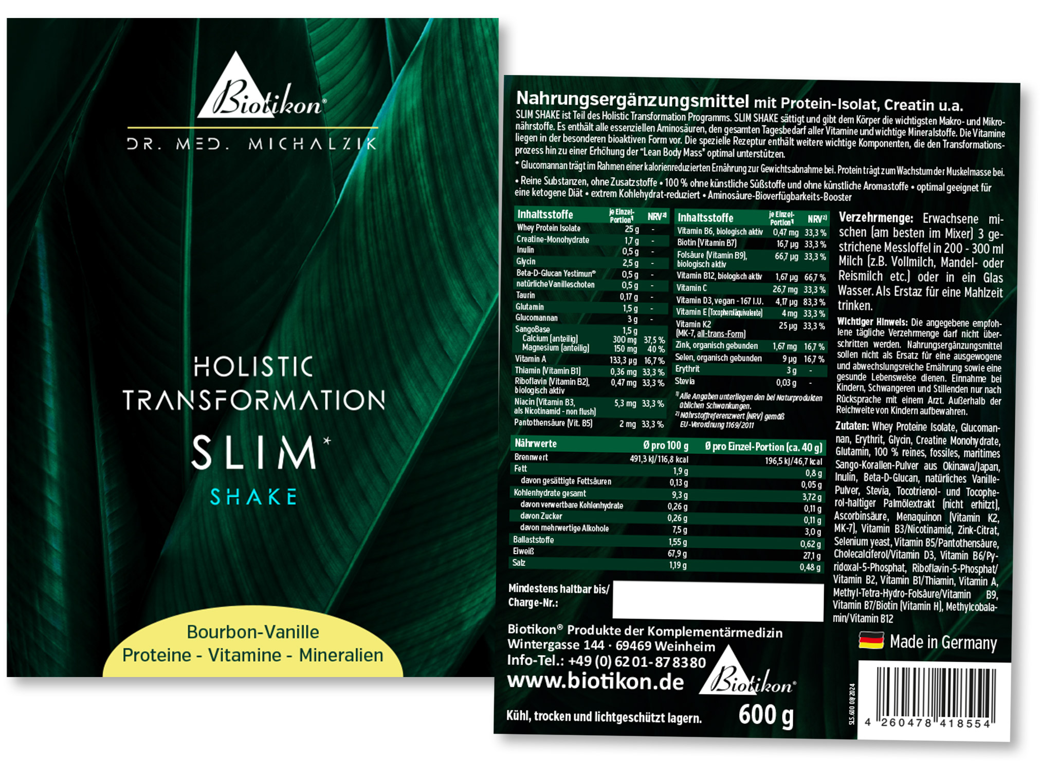 Slim Shake 600 g – Poudre de Protéines Vanille Bourbon Poudre de protéines au goût vanille bourbon Slim Shake, emballage de 600 g, emballage vert avec tableau nutritionnel.