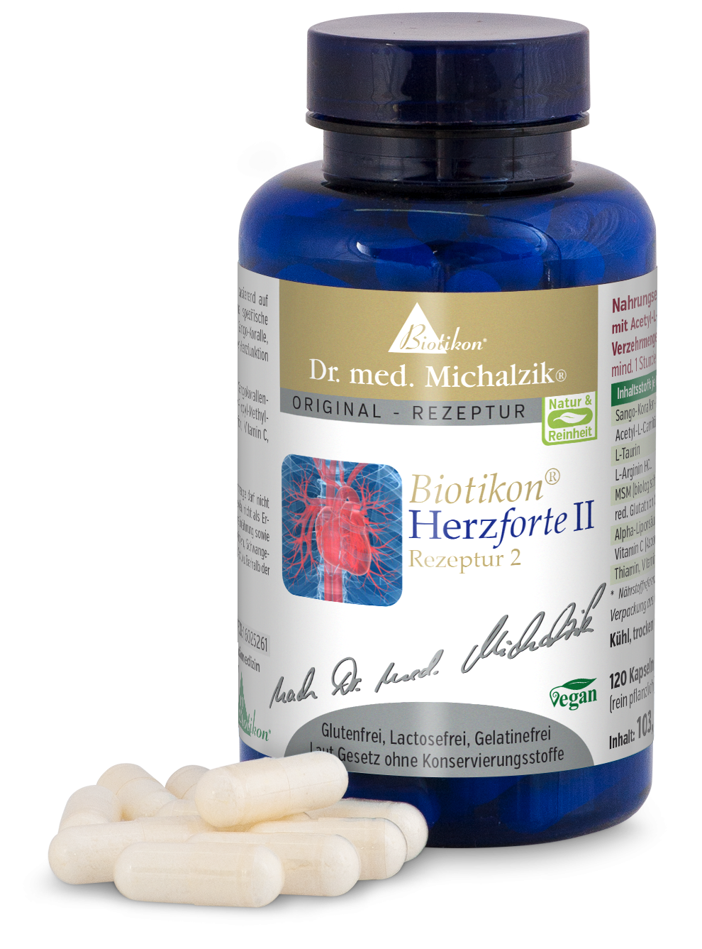Biotikon Cœur Forte II – 120 Capsules Contenant en verre bleu avec 120 capsules, blanc, sur un fond blanc, vue latérale.