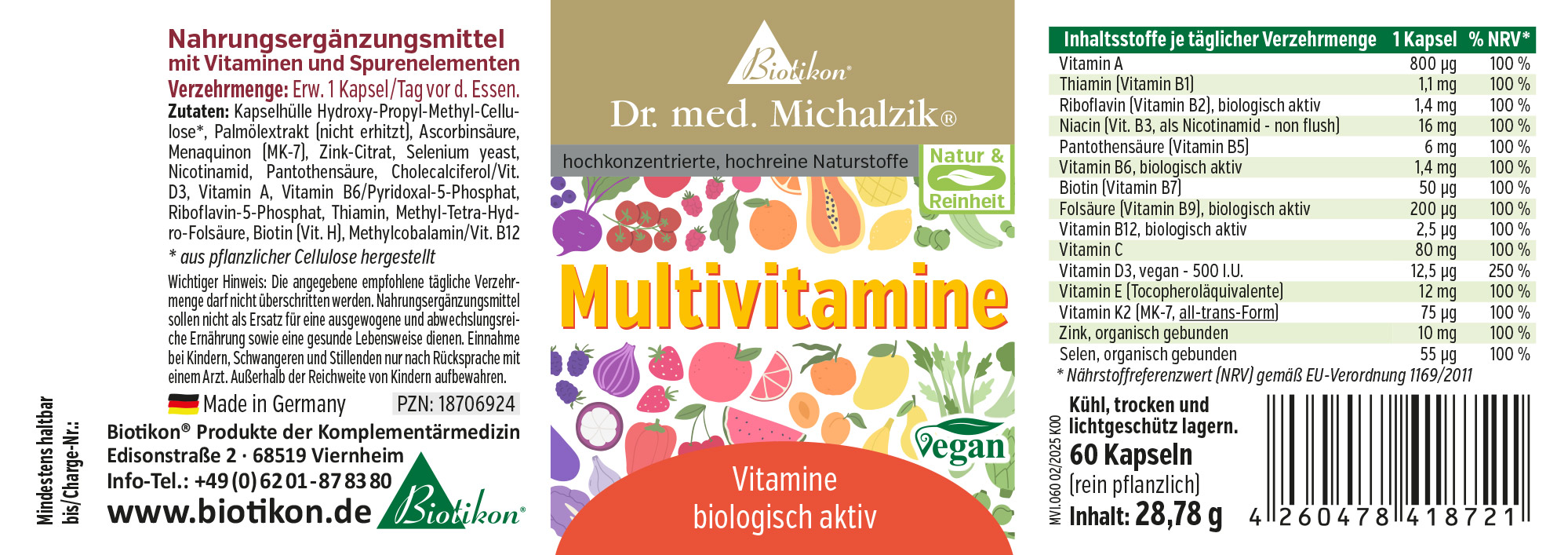 Multivitamines 60 Capsules - Biologiquement Actif Emballage contenant 60 capsules de multivitamines végétaliennes, design coloré, vue de face.