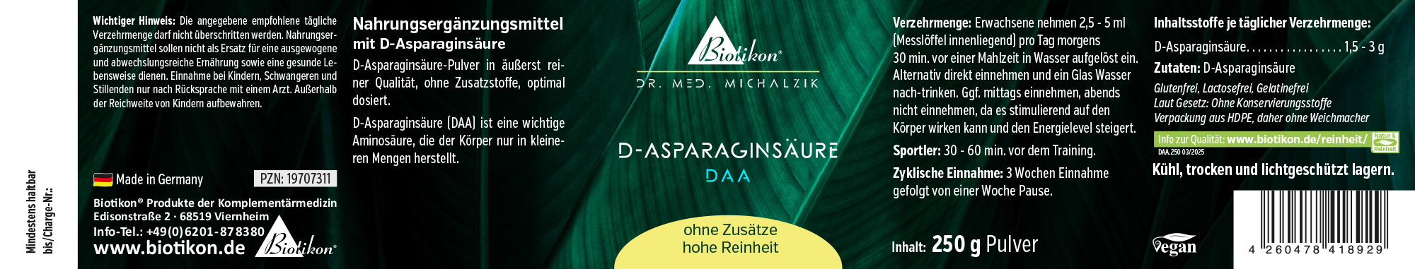 Acide D-Aspartique 250 g – Poudre Poudre d'acide D-Aspartique dans un emballage de 250 g, noir verdâtre, vue de la boîte avec instructions de dosage.