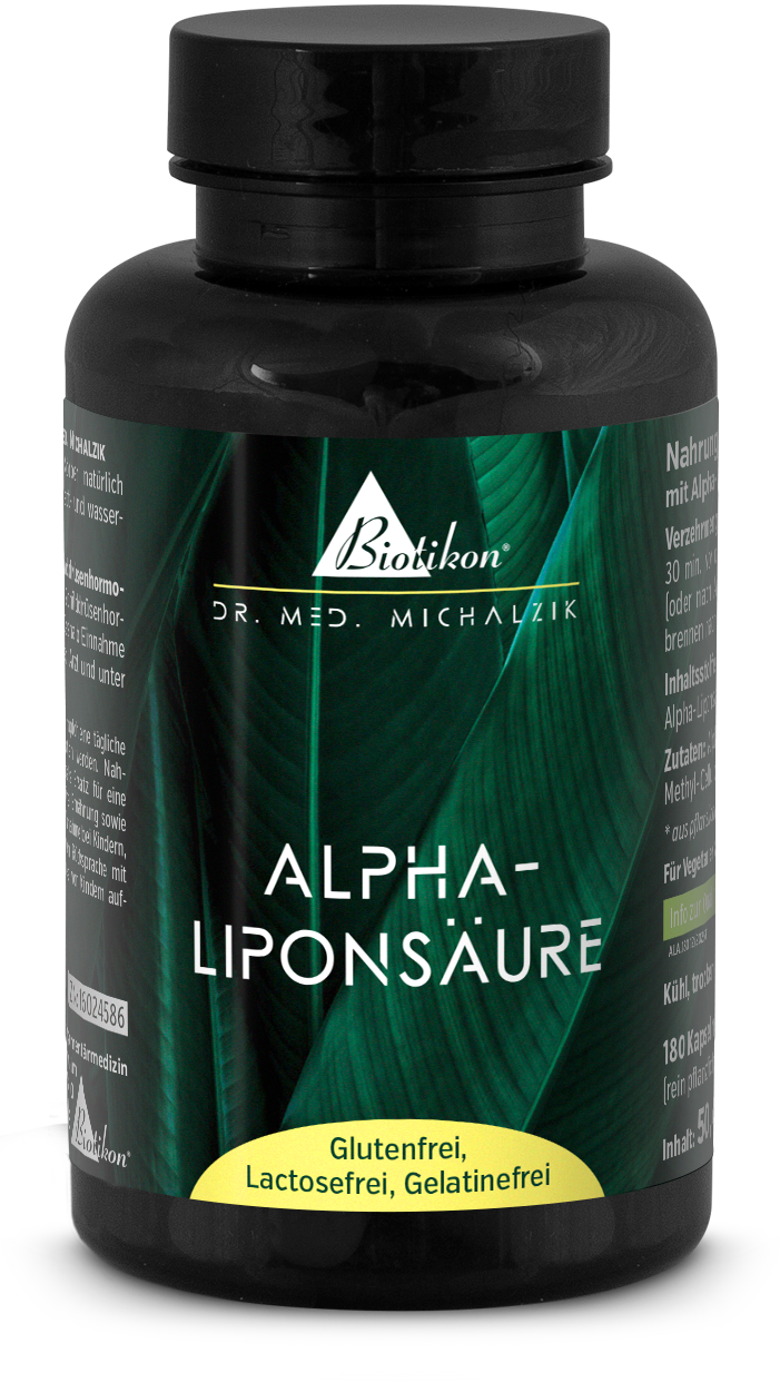 Acide Alpha-Lipoïque 180 Capsules - Complément Alimentaire Bouteille bleue avec 180 capsules jaunes, vegan, sans gluten, vue latérale.
