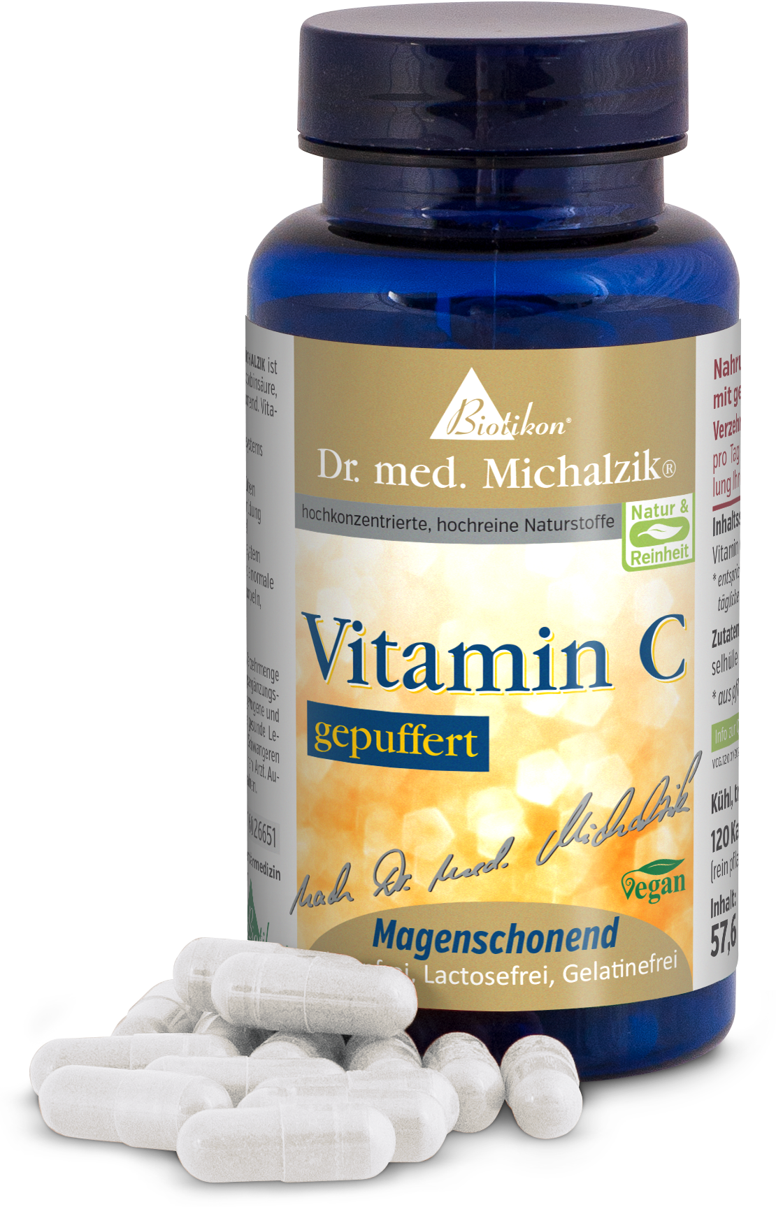 Vitamine C tamponnée – 120 capsules Bouteille bleue contenant 120 capsules de vitamine C tamponnée, transparente, végétalienne et douce pour l'estomac.