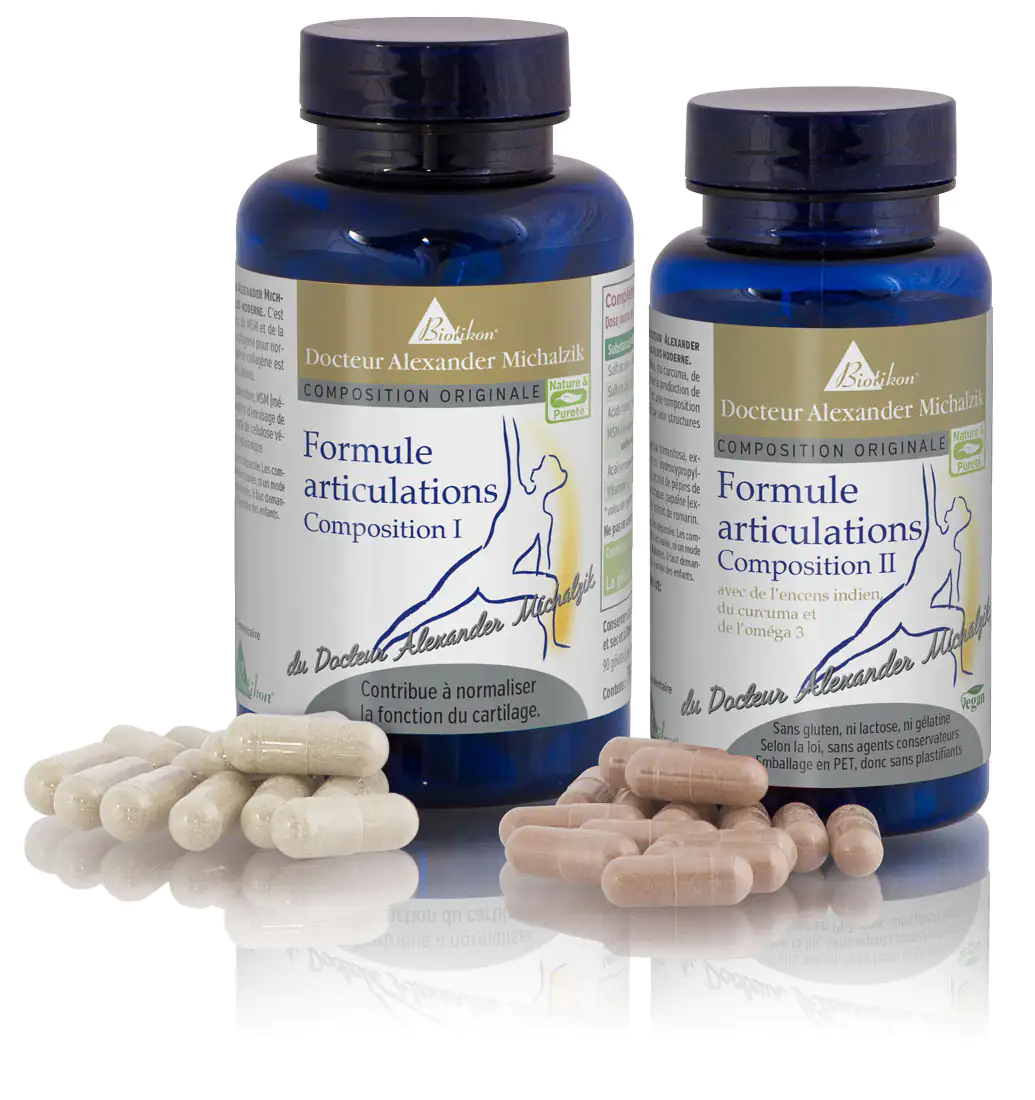 Lot de bouteilles Formule Articulations 1+2 Deux bouteilles de Formule Articulations avec des capsules beige et marron, visibles sur un fond blanc.