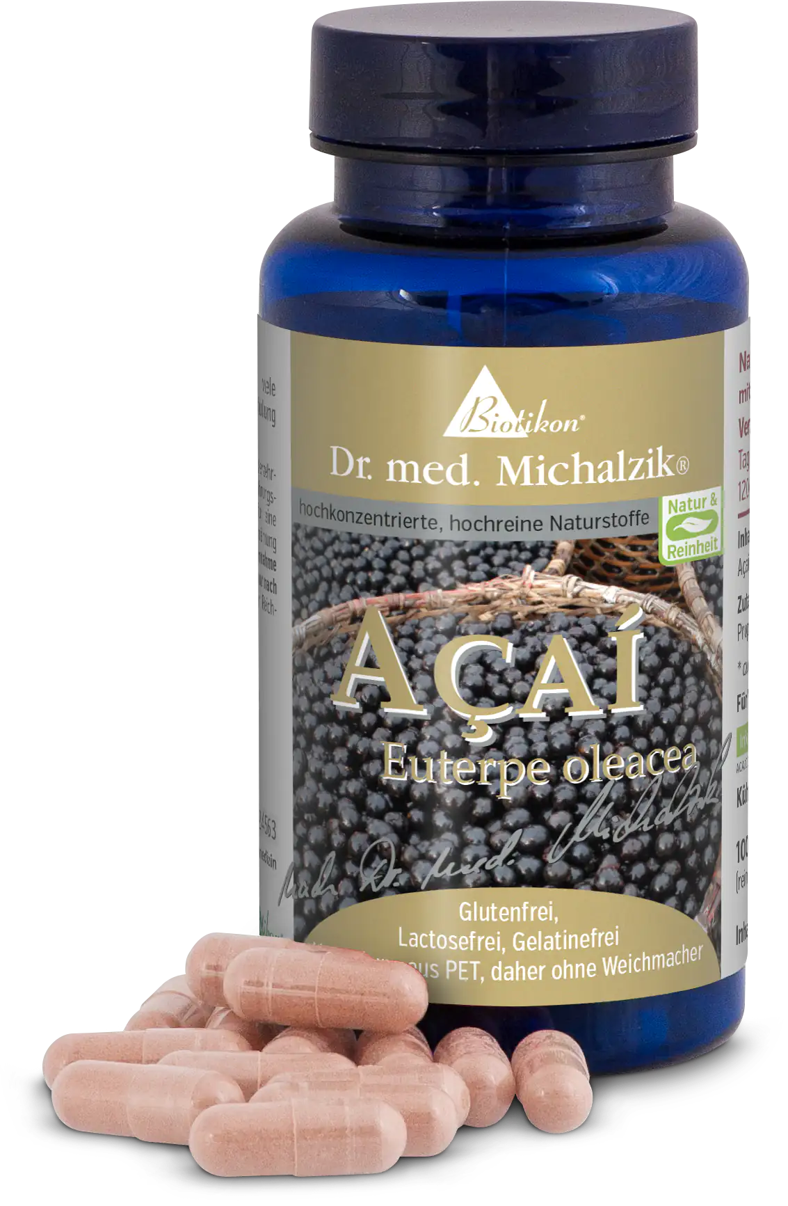 Açaí 1000 mg – Capsules Flacon bleu contenant 120 capsules d'Açaí, remplies de capsules roses, en PET.