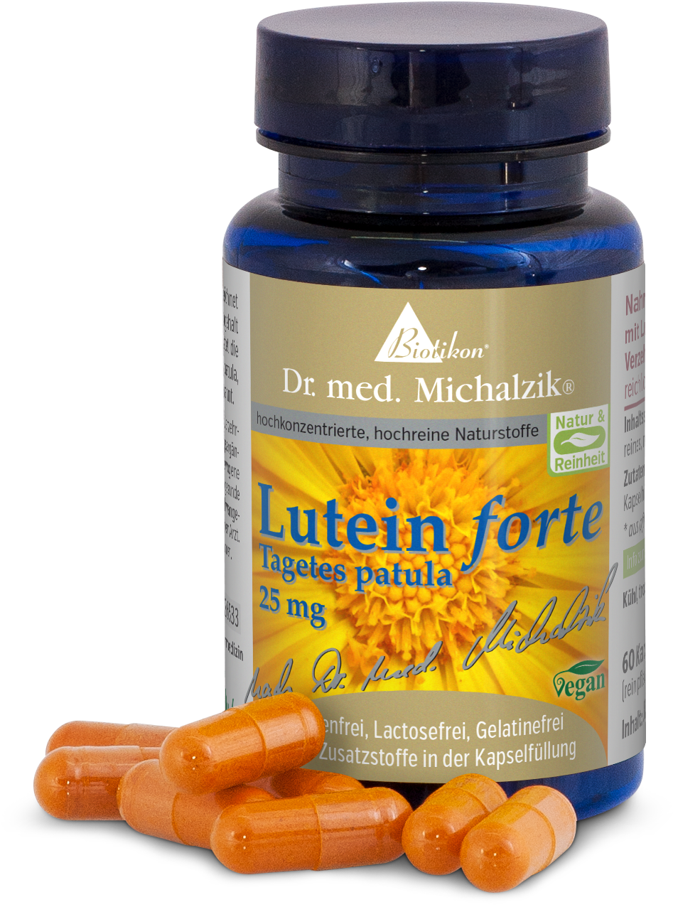 Lutéine Forte 25 mg – Capsules Végétales Capsules orange dans une bouteille bleue, 60 pièces, végan. Emballage avec une fleur jaune.