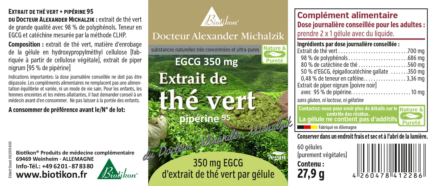 Extrait de Thé Vert 350 mg - 60 Capsules 60 capsules d'extrait de thé vert avec 350 mg d'EGCG et extrait de poivre, emballage vert, vue de face.