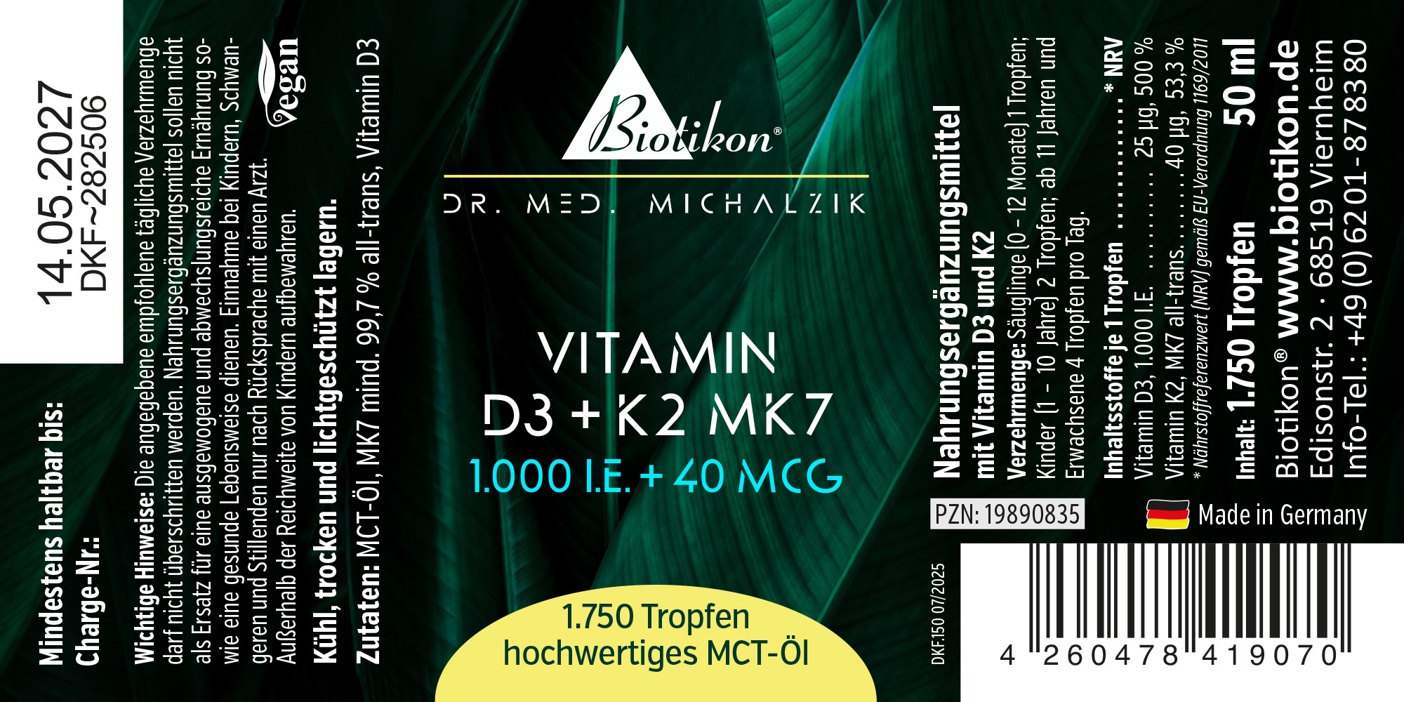 Vitamine D3 + K2 MK7 1000 I.E. – Gouttes Gouttes de vitamine D3 et K2 MK7, 1 750 gouttes dans de l'huile MCT de qualité supérieure, emballage vert, 50 ml