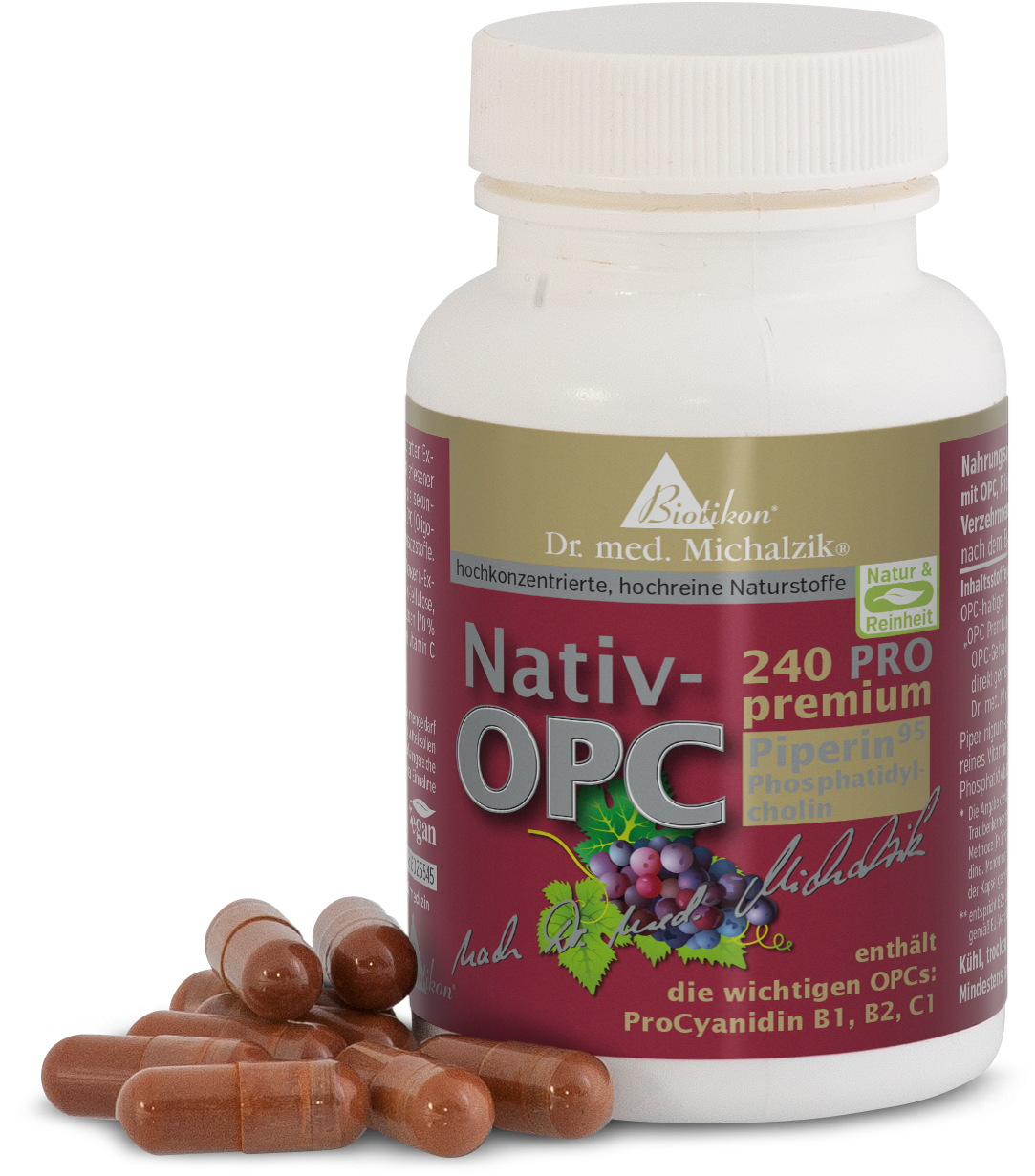 Nativ-OPC 240 – Gélules Bouteille de gélules Nativ-OPC, gélules marron, 240 pièces, étiquetée sur fond rouge.