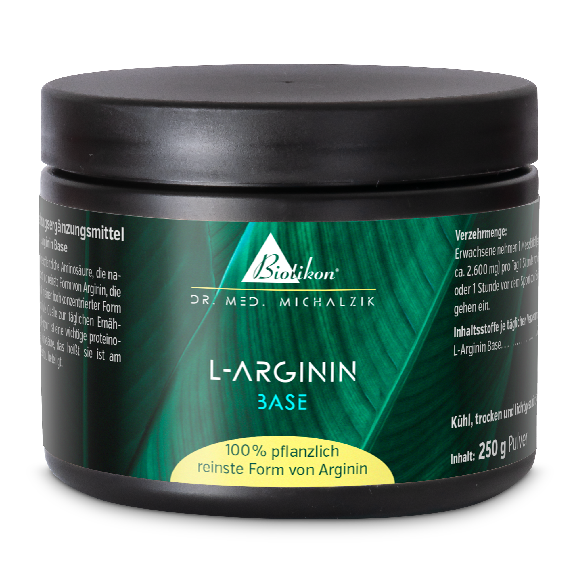 Base de L-Arginine 250 g - Poudre Complément alimentaire L-Arginine, poudre de 250 g dans un conteneur noir, vue de face.