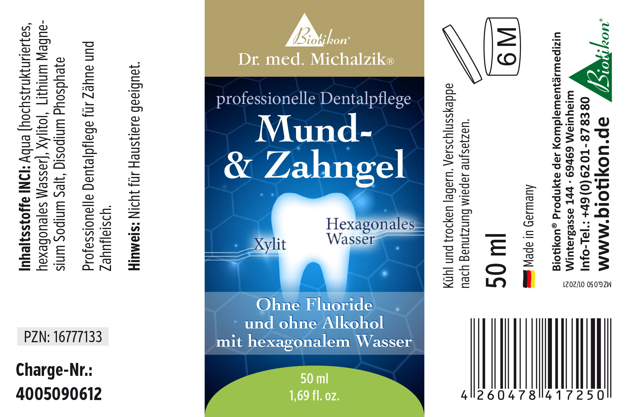 Gel Bucco-Dentaire 50 ml – Soin Dentaire Professionnel Gel bucco-dentaire dans un tube bleu, 50 ml, sans fluor ni alcool, avec de l'eau hexagonale.