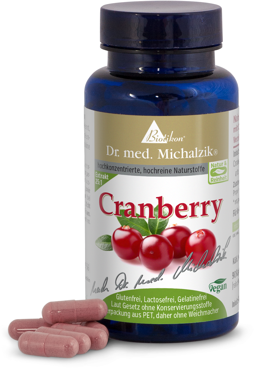 Cranberry 1000 mg – Capsules Capsules de canneberge dans une bouteille bleue, 120 pièces, avec des capsules roses au premier plan.
