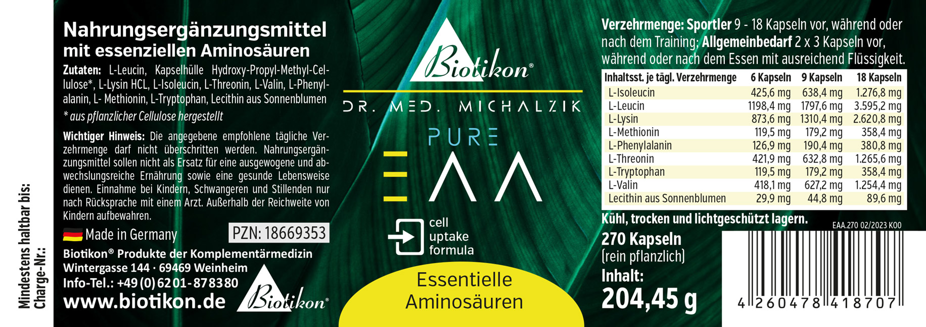 Acides Aminés Essentiels 270 Capsules Emballage contenant 270 capsules végétales pour acides aminés essentiels, vert, vue de face.
