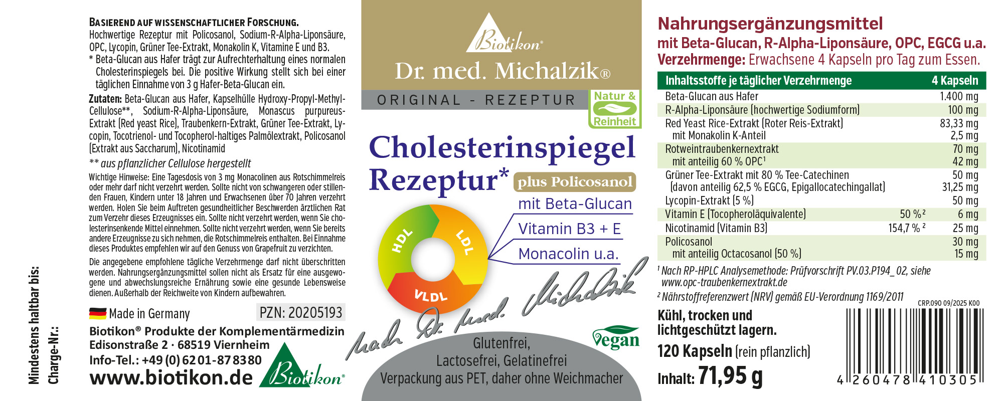 Régulateur de Cholestérol – 120 Capsules Complément alimentaire en capsules, 120 pièces, design d'emballage rouge-vert-jaune, végan, ingrédients visibles.