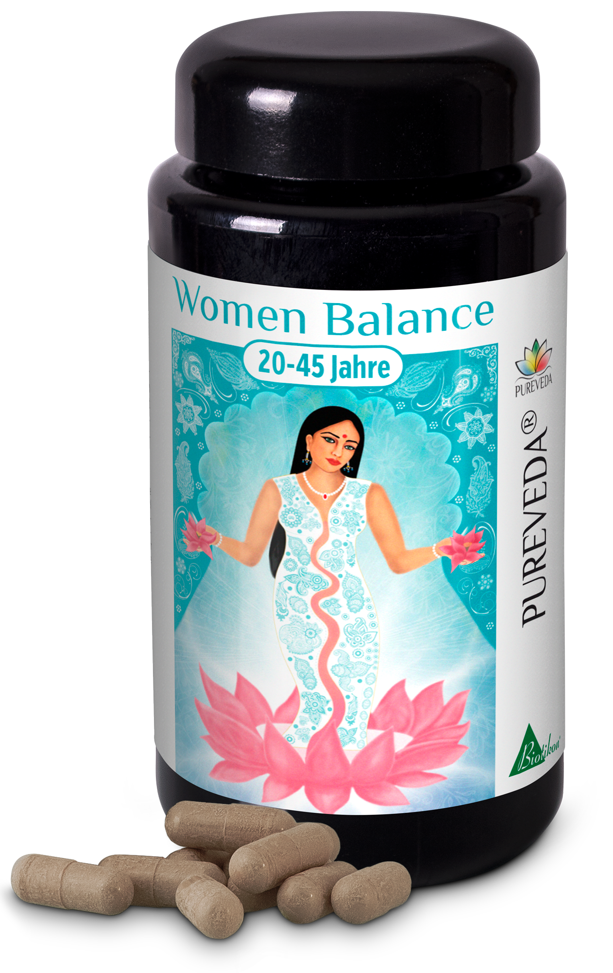 Capsules Équilibre Femmes 20-45 Ans Bouteille noire avec capsules, Équilibre Femmes pour 20-45 ans, image colorée d'une femme avec motif floral.