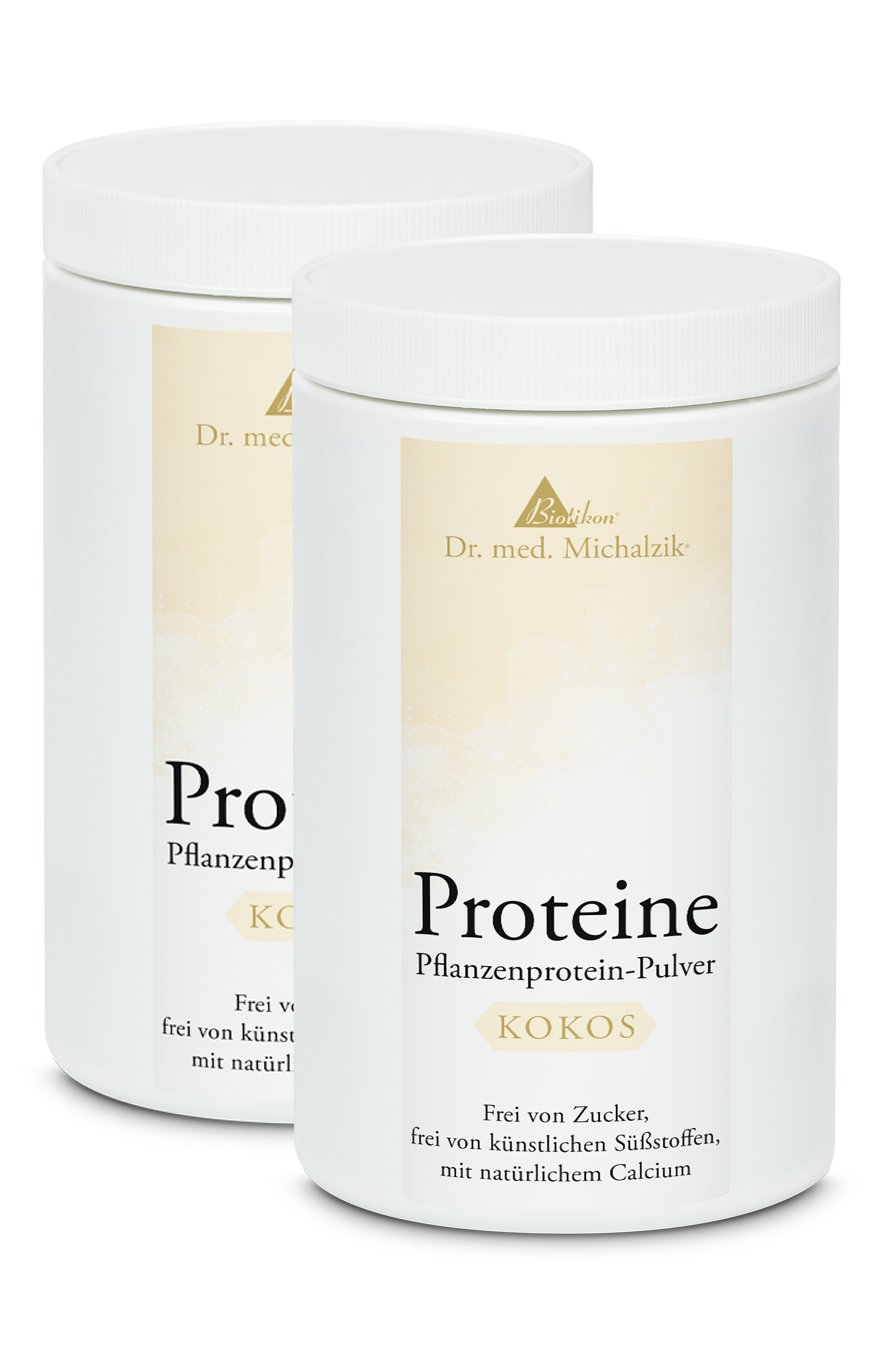 Poudre de protéine végétale à la noix de coco – 2 x 400 g Deux boîtes de poudre de protéine végétale au goût de noix de coco, chacune de 400 g, dans un emballage blanc.