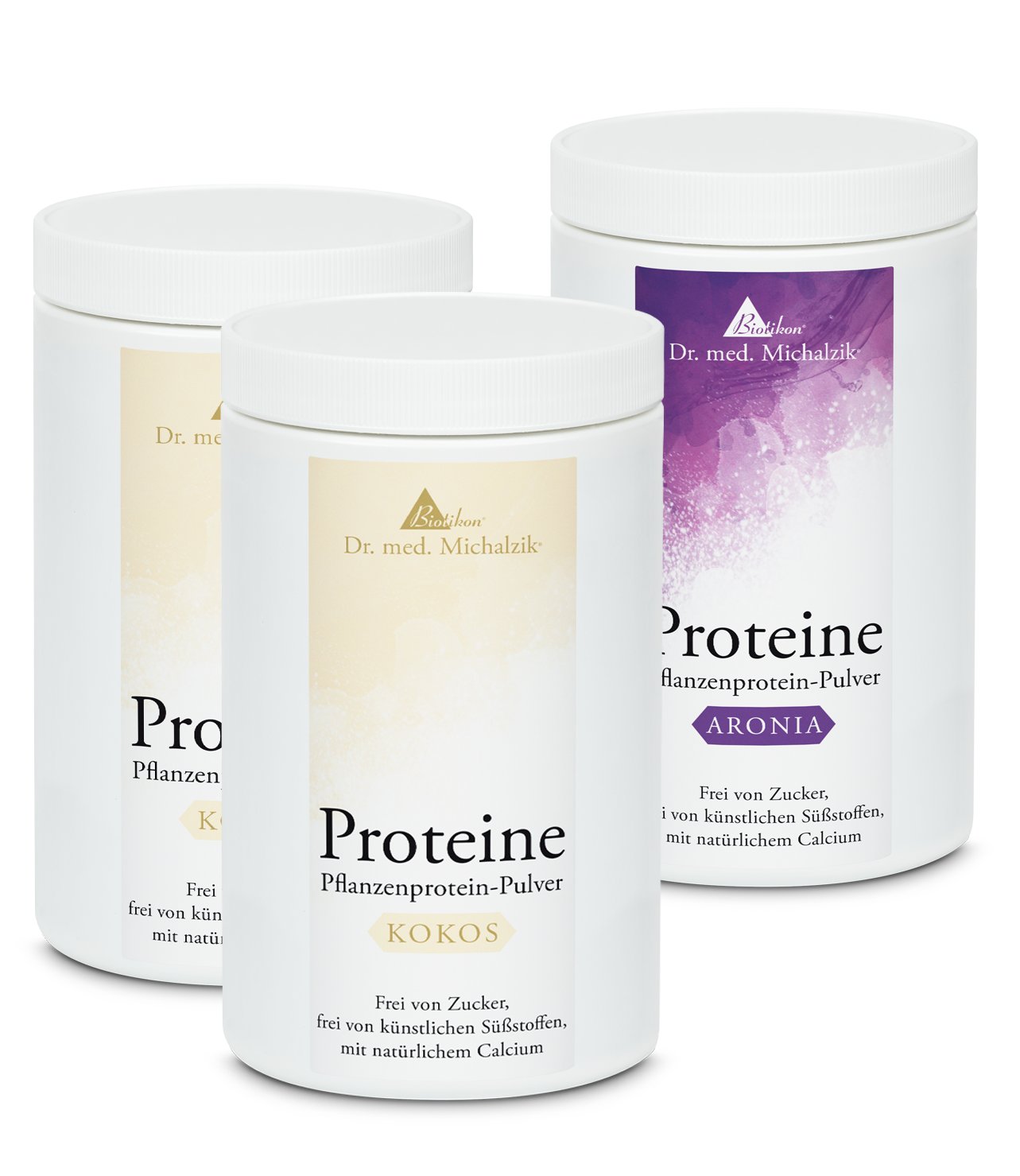 Poudre de protéine végétale 300g – Coco, Aronia Trois boîtes de poudre de protéine végétale blanches, parfumées au coco et à l'aronia, chacune 300g.