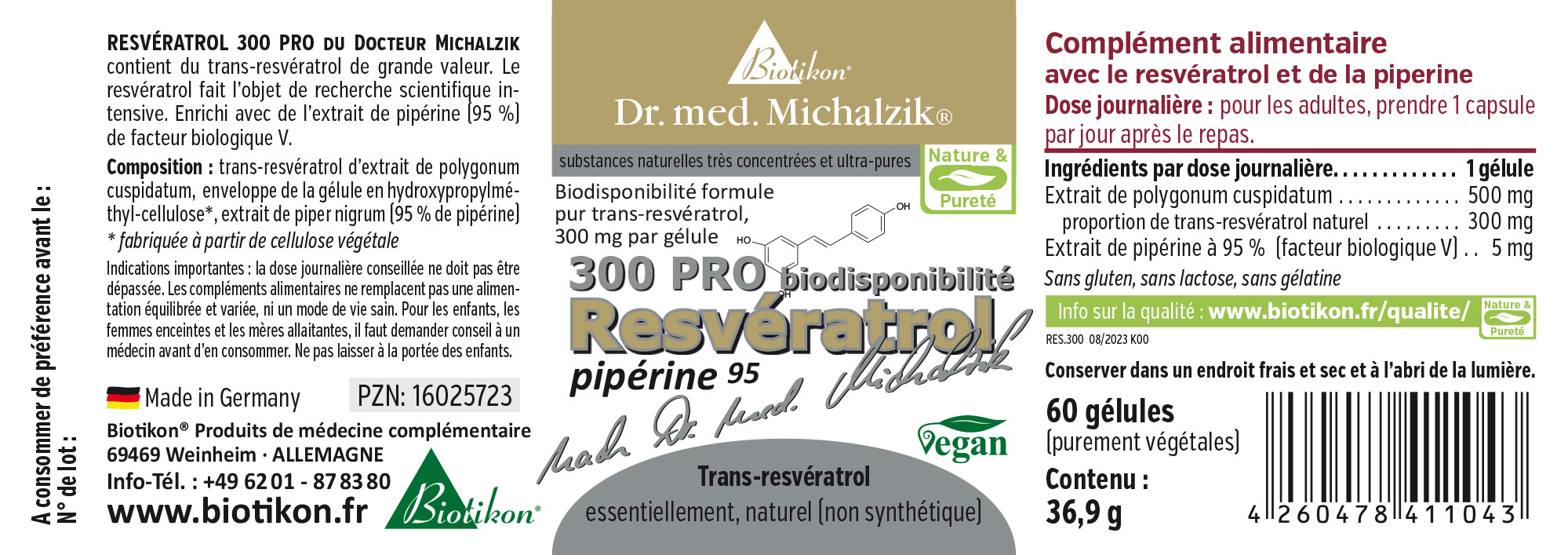 Capsules de Resvératrol 300 mg - Formule Vegan 60 capsules de Resvératrol 300 mg avec 95% de pipérine, sans produits d'origine animale, dans un emballage durable.