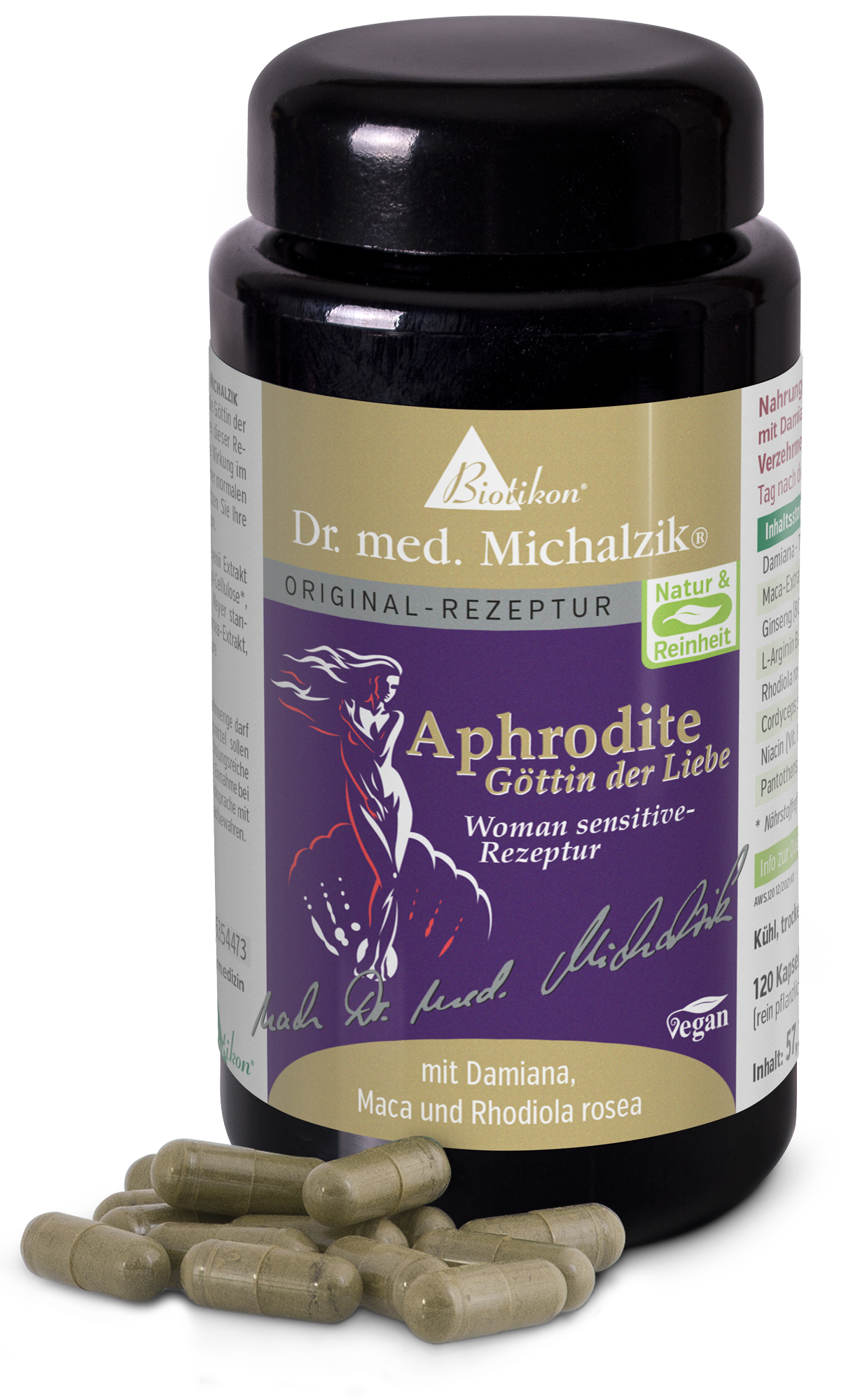 Aphrodite 120 Capsules - avec Damiana, Maca Bouteille noire avec 120 capsules végétaliennes, étiquetage coloré, détails du produit visibles.