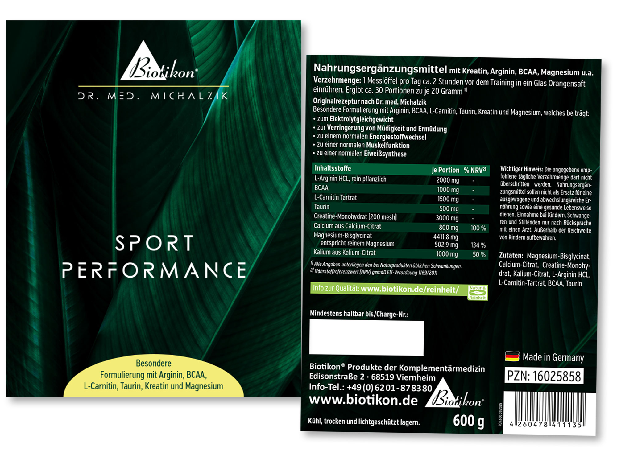 Créatine 600 g – Performance Sportive Complément en poudre, contenant de 600 g, emballage vert, avant et arrière visibles.