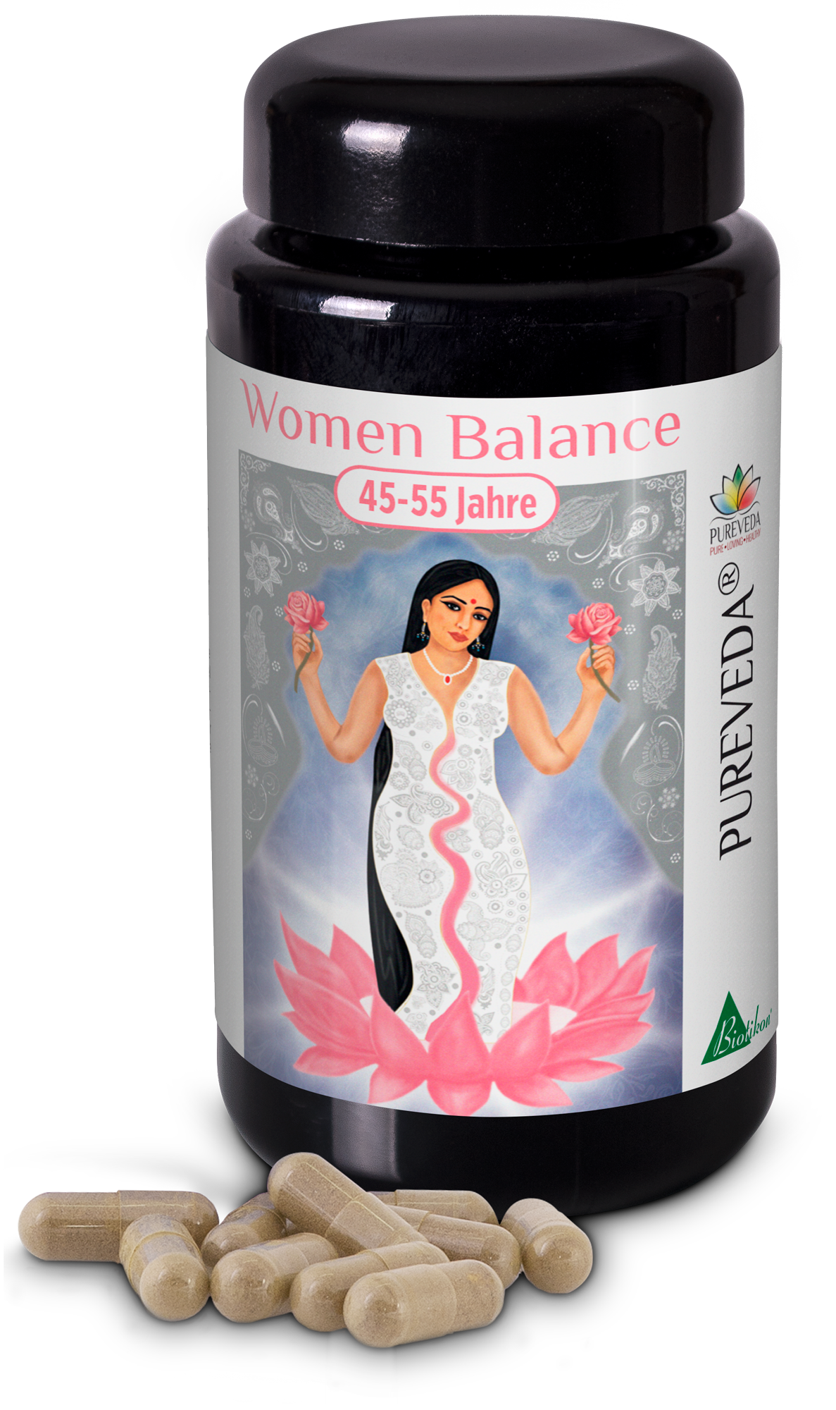 Capsules d'Équilibre pour Femmes – 45-55 Ans Capsules d'équilibre pour femmes, 60 pièces dans une bouteille noire, capsules beiges visibles, avec motif floral.