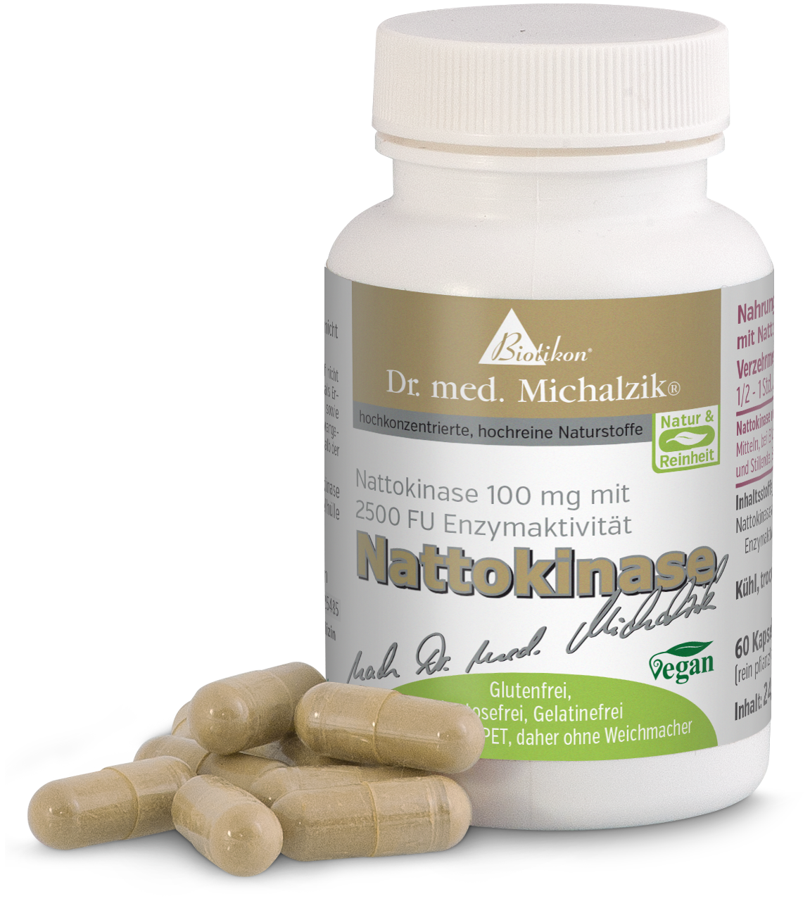Nattokinase 100 mg – 60 Gélules Gélules de nattokinase, 100 mg, dans un flacon transparent, gélules beige doré, 60 pièces.