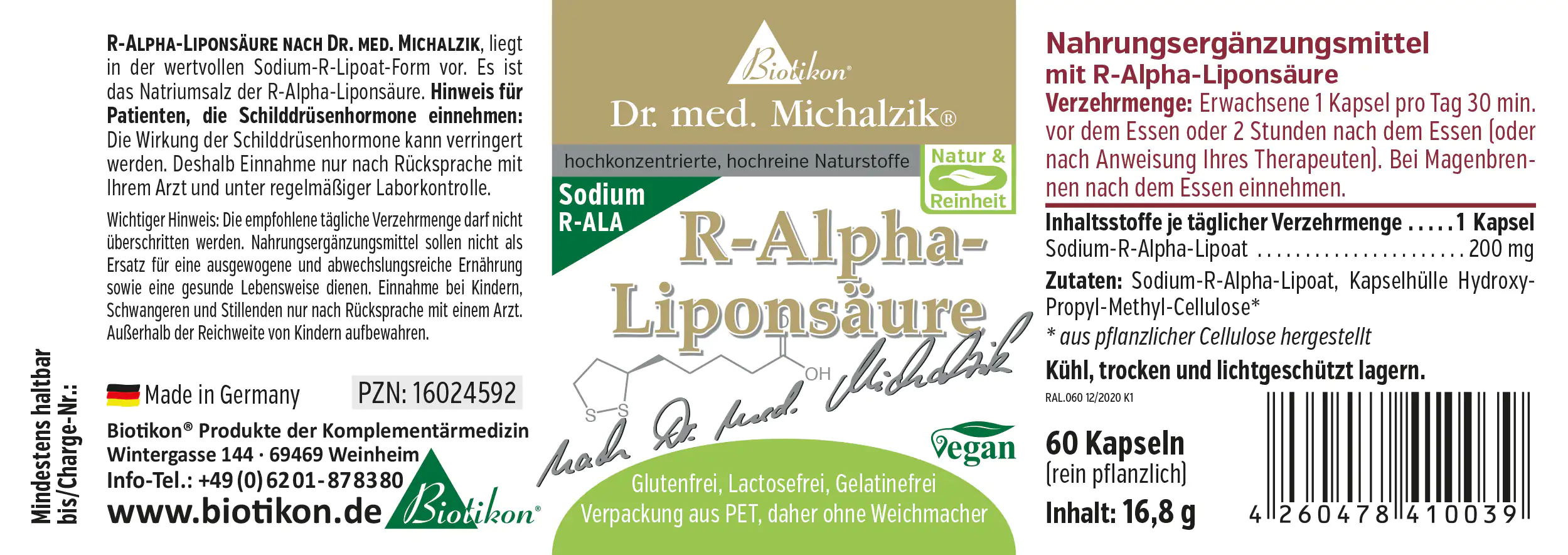 Acide Alpha-Lipoïque R 200 mg – Capsules Complément alimentaire Acide Alpha-Lipoïque R en capsules, 60 unités, emballage PET, vert/blanc