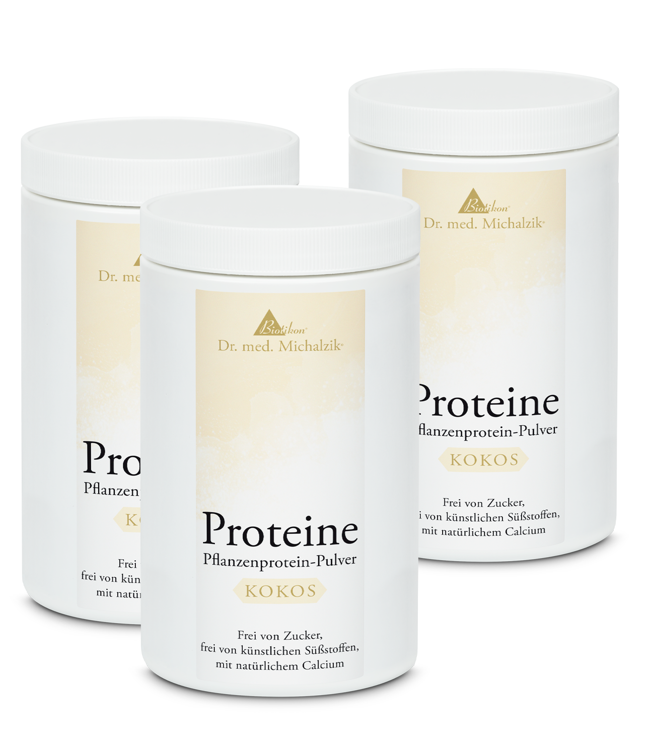 Poudre de Protéine Végétale Coco – 600 g Trois bouteilles blanches de poudre de protéine végétale coco, 600 g, sur un fond blanc.