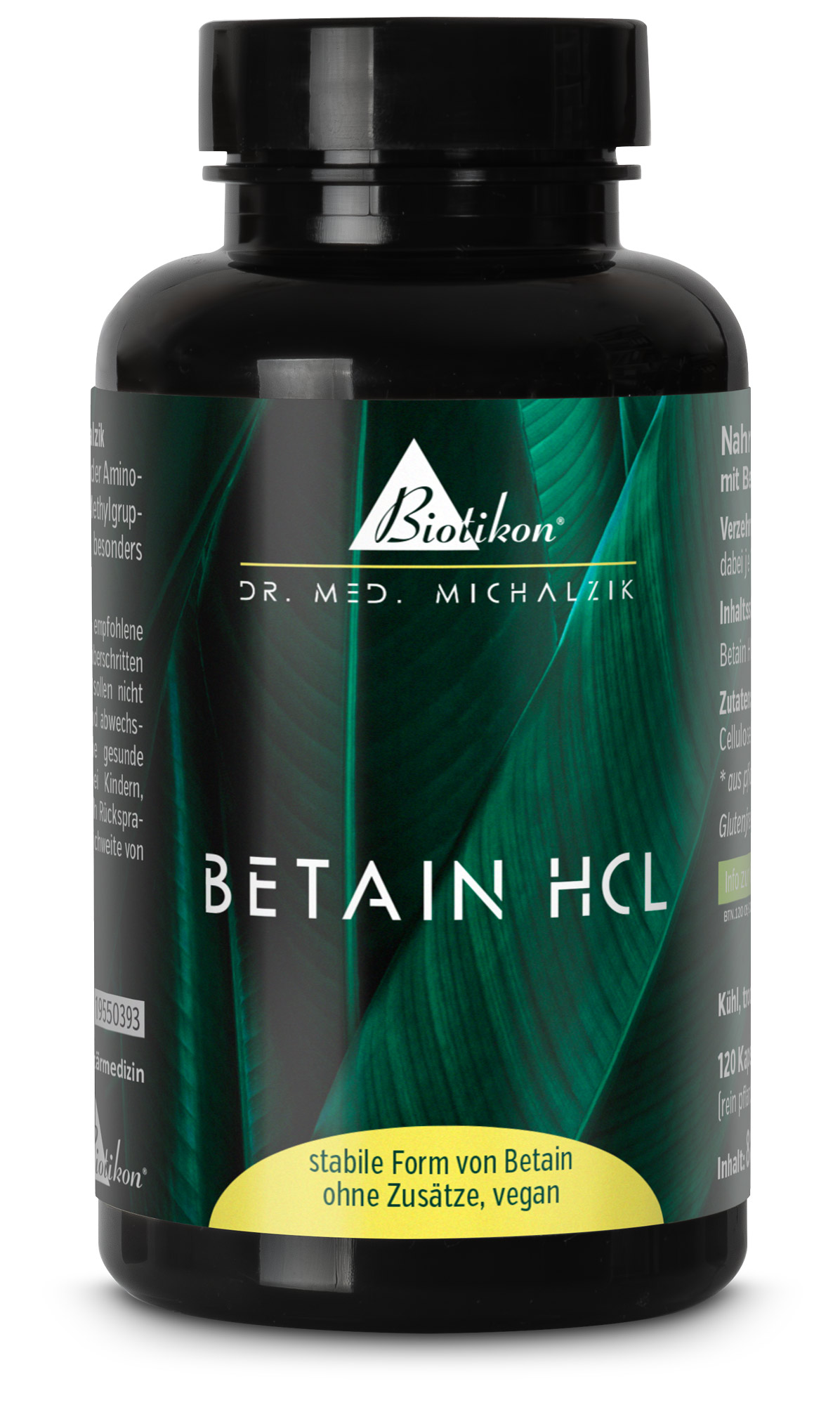 Betaïne HCL 120 Capsules – Sans Additifs Bouteille de capsules noires contenant 120 capsules, forme stable de bêtaïne, végane, motif de feuilles vertes sur l'étiquette.