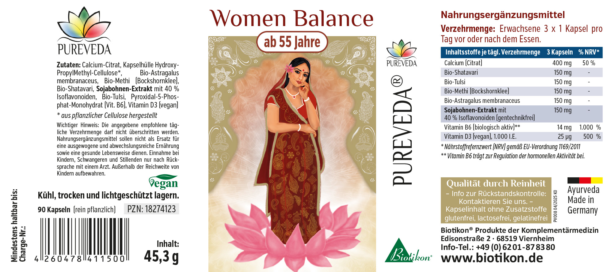 Femmes Équilibre 90 Gélules - Complément Alimentaire Emballage de Femmes Équilibre, 90 gélules végétaliennes pour les femmes de plus de 55 ans, avec des extraits de plantes, design coloré.