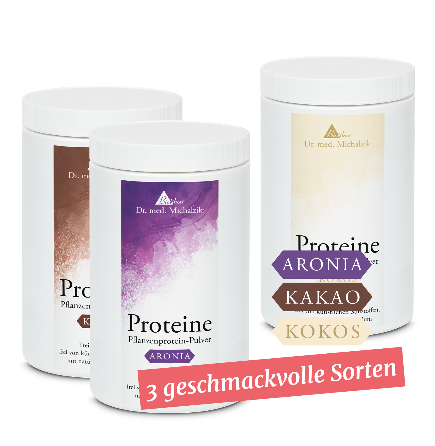 Poudre de Protéine Végétale – 3 Variétés Trois contenants de poudre de protéine végétale en Aronia, Cacao et Noix de Coco, différentes couleurs, vue de face.