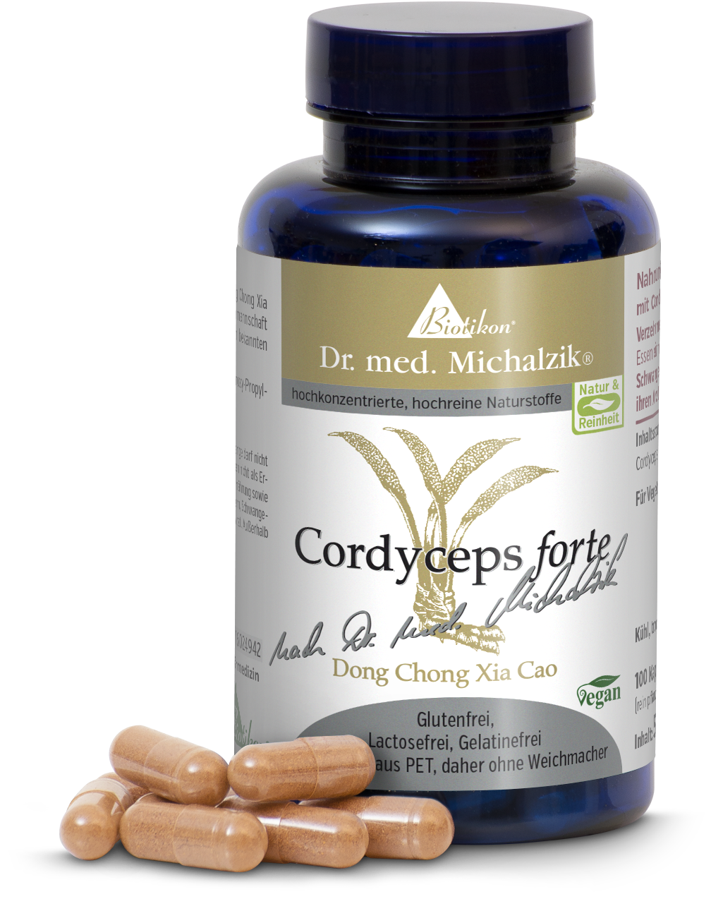 Cordyceps Forte – 100 Gélules Bouteille PET transparente contenant 100 gélules brunes véganes sur un fond blanc.