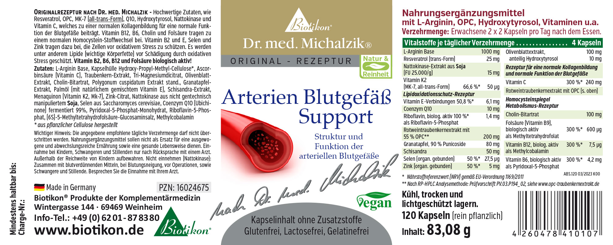 Support Artériel Capsules – 120 Comptes Complément alimentaire dans un emballage de 120 capsules, capsules rouge et blanche. Informations sur les ingrédients, végan, sans gluten.