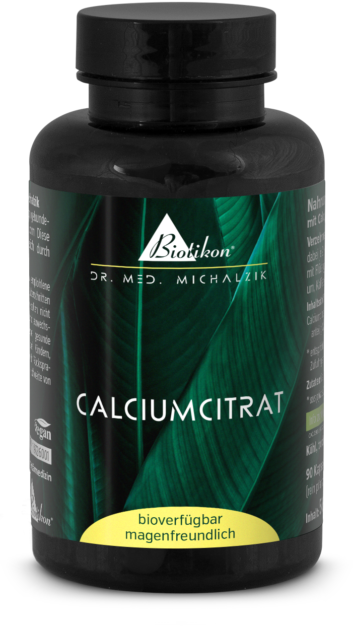 Citrate de Calcium 90 Capsules - Biodisponible, Amical pour l'Estomac Bouteille noire avec capsules de citrate de calcium, 90 pièces, étiquette verte fraîche, vegan.
