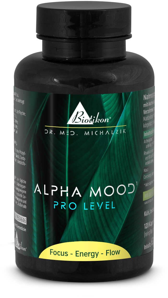 Alpha Mood 120 Gélules – Complément Alimentaire Emballage de gélules sombres, 120 gélules, avec motifs de feuilles vertes, pris de front.